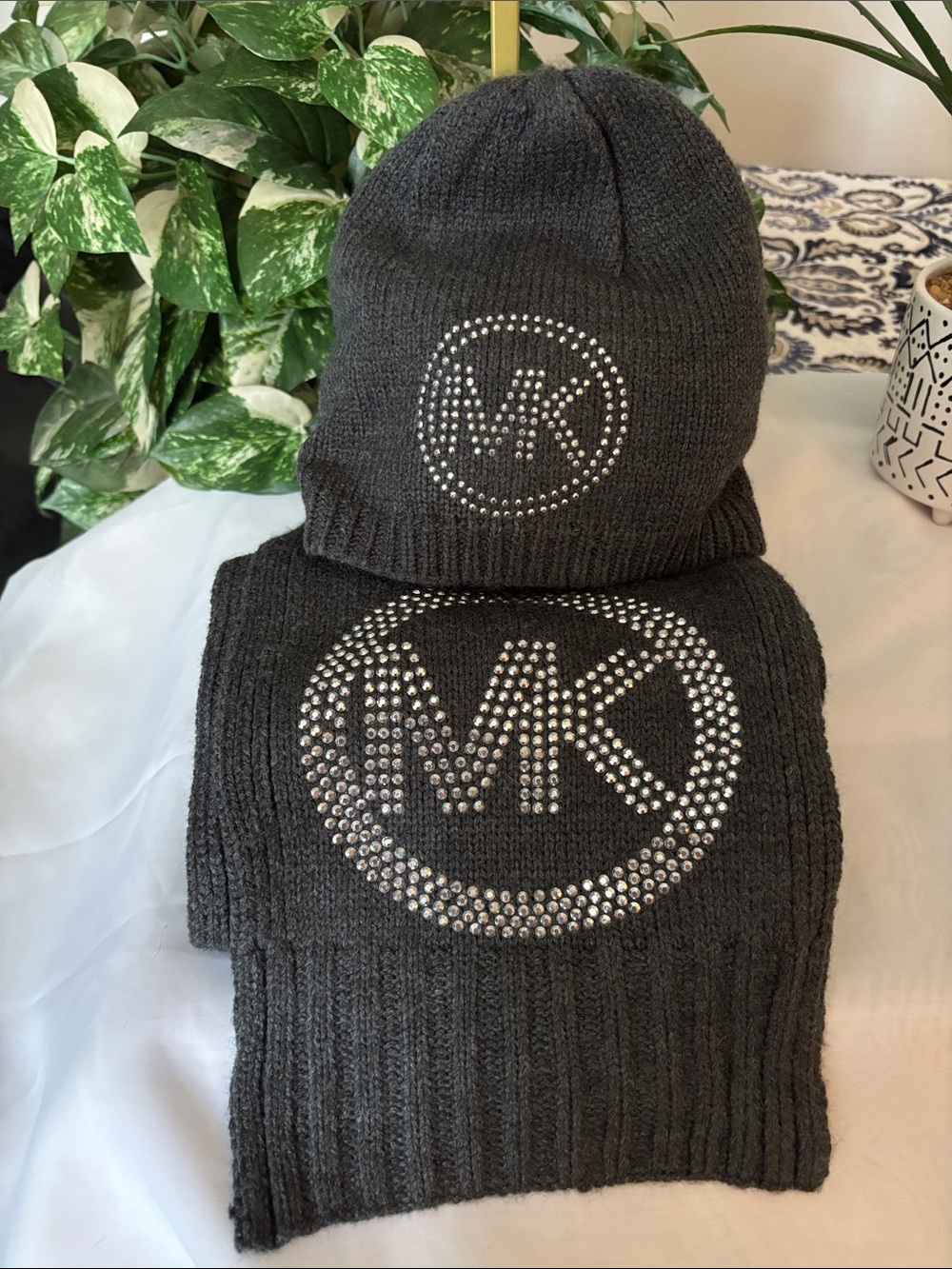 Michael Kors Dark Charcoal Knit Hat & Scarf Set with Crystal MK Logo
